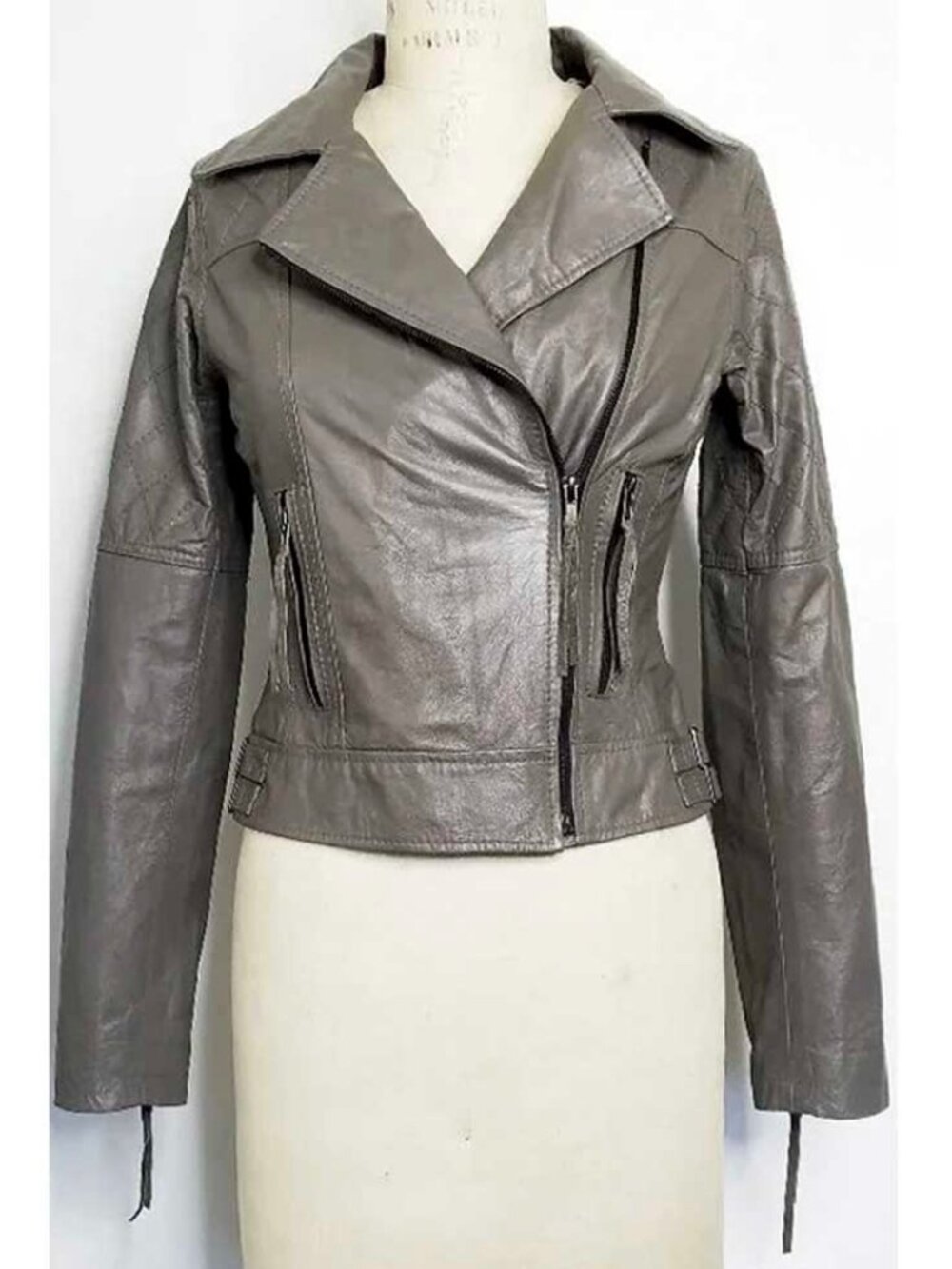 My Tribe Women's Quilt Stitch Grey Leather Moto Biker Jacket S